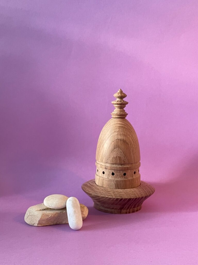 This is an example of an incense burner for cone incense or raw frankincense.